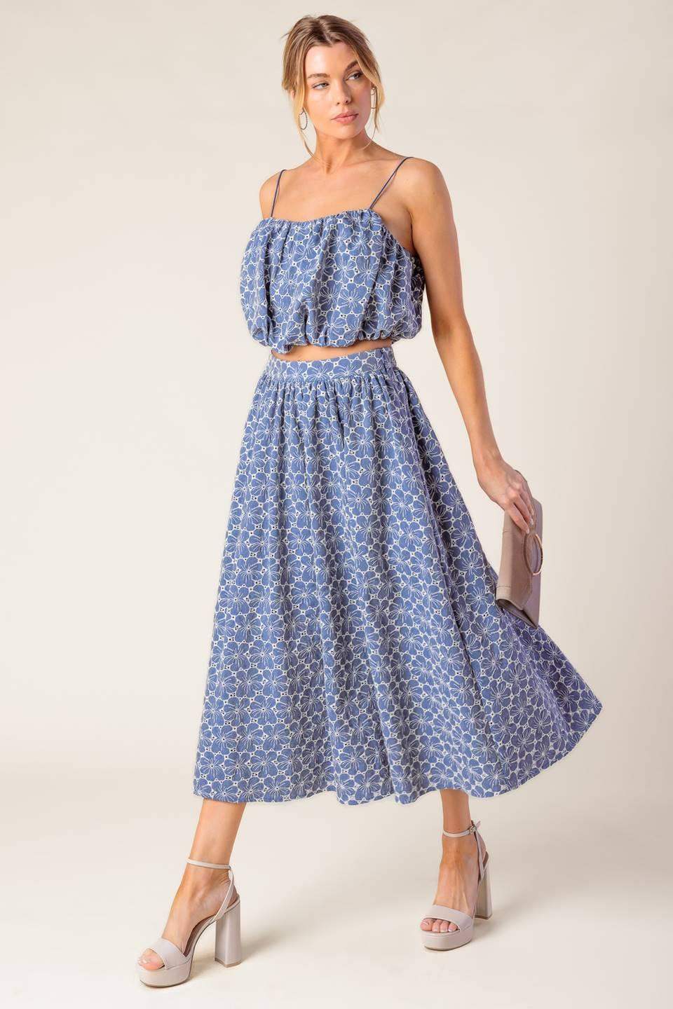 THE BEAUTY OF NOW WOVEN EYELET TOP AND SKIRT SET - Flying Tomato - Flyclothing LLC