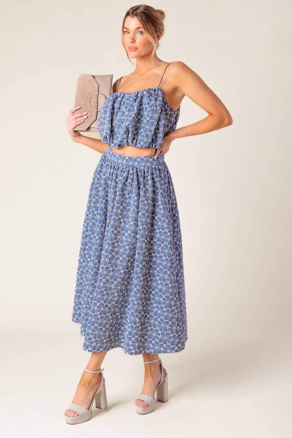 THE BEAUTY OF NOW WOVEN EYELET TOP AND SKIRT SET - Flying Tomato - Flyclothing LLC