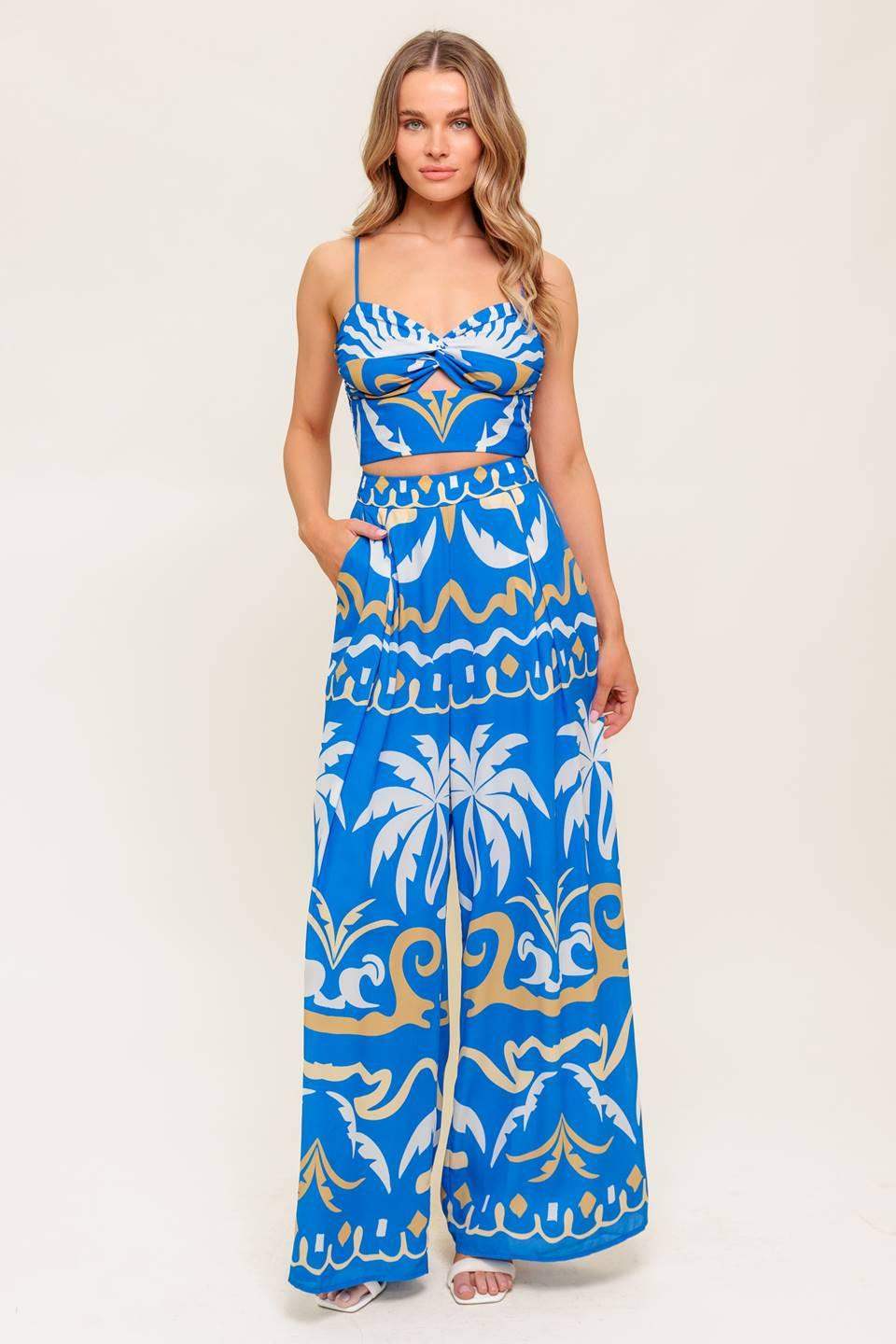 EVENING BLUE WOVEN CROP TOP AND PANT SET - Flying Tomato - Flyclothing LLC