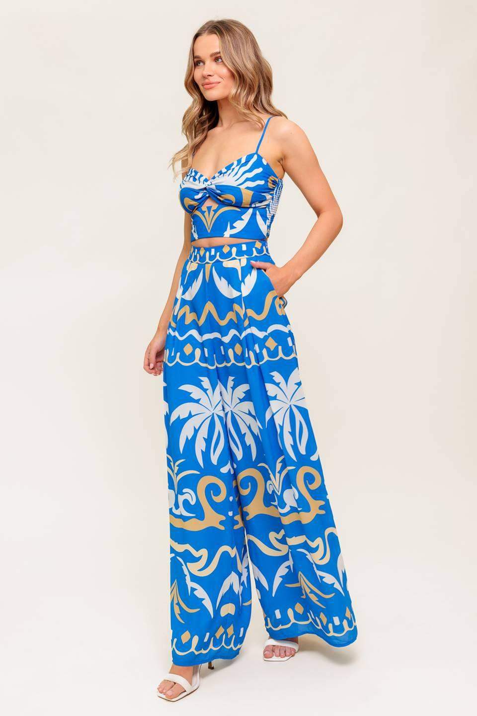 EVENING BLUE WOVEN CROP TOP AND PANT SET - Flying Tomato - Flyclothing LLC