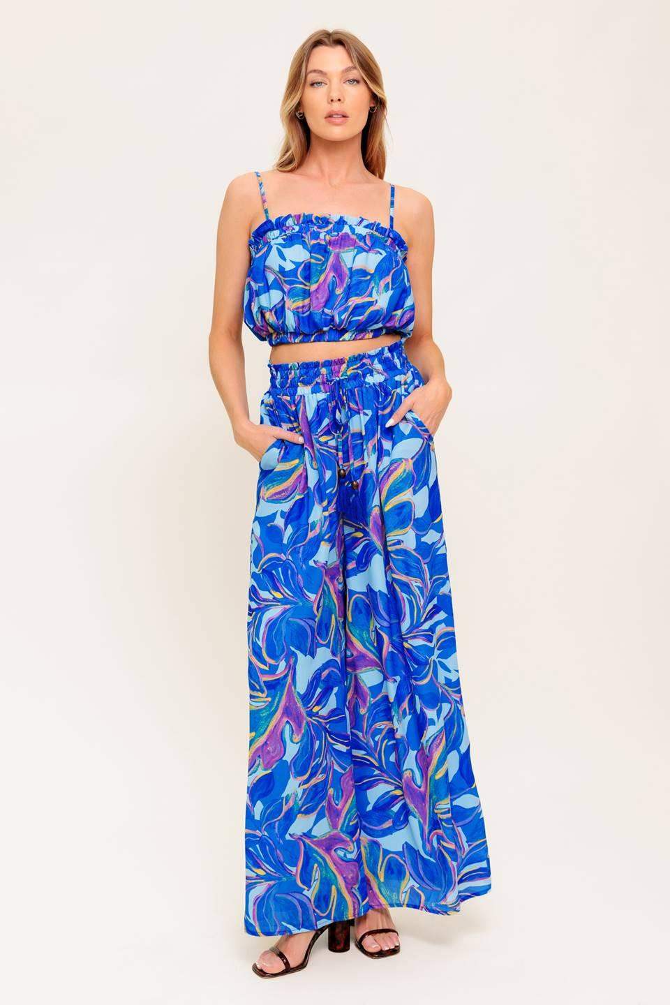 CHERISHED KISS BLUE WOVEN TOP AND PANTS SET - Flying Tomato - Flyclothing LLC