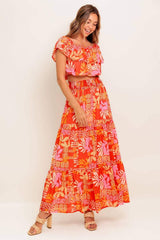 FAINT SUNBEAM RED WOVEN TOP AND SKIRT SET - Flying Tomato - Flyclothing LLC