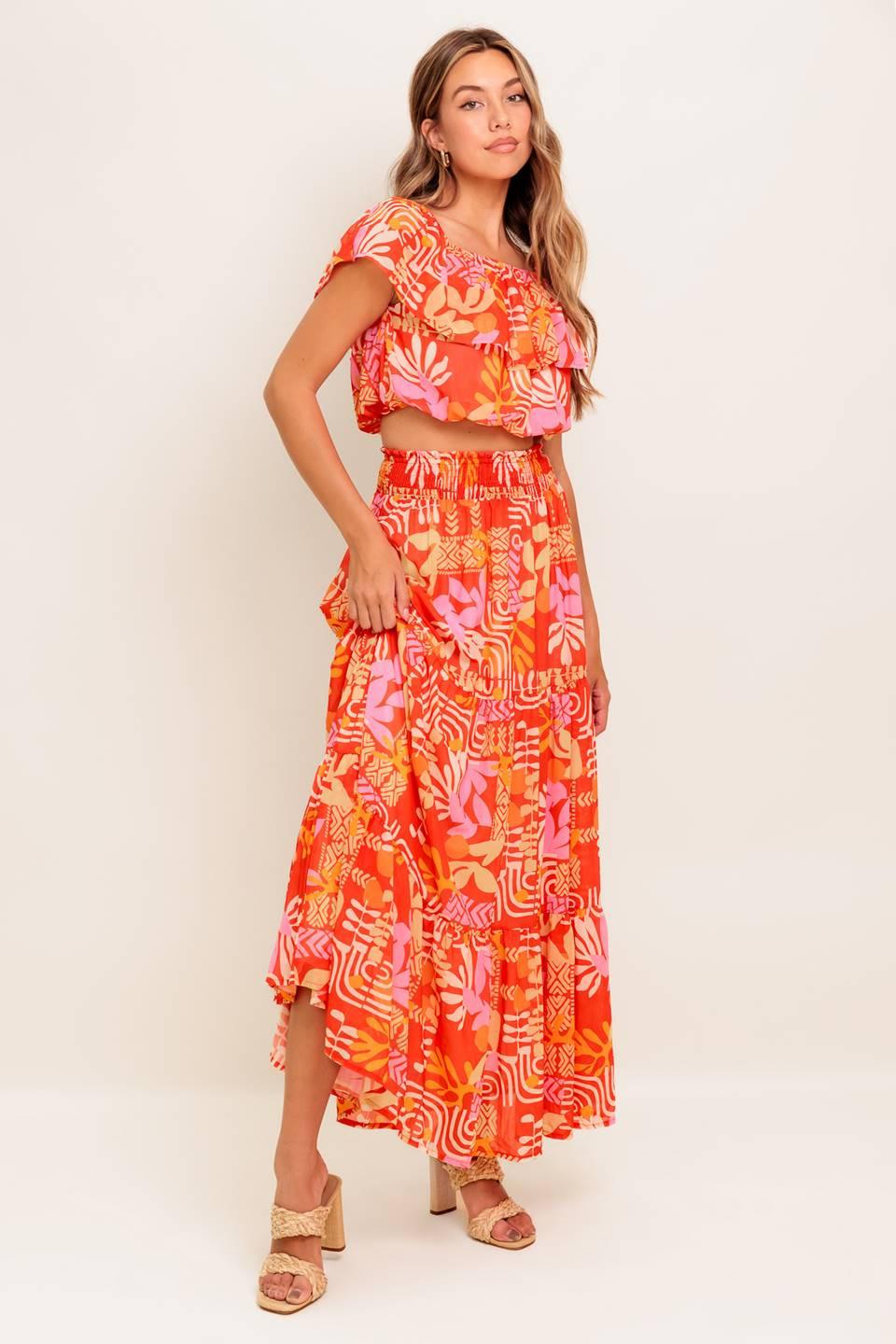 FAINT SUNBEAM RED WOVEN TOP AND SKIRT SET - Flying Tomato - Flyclothing LLC