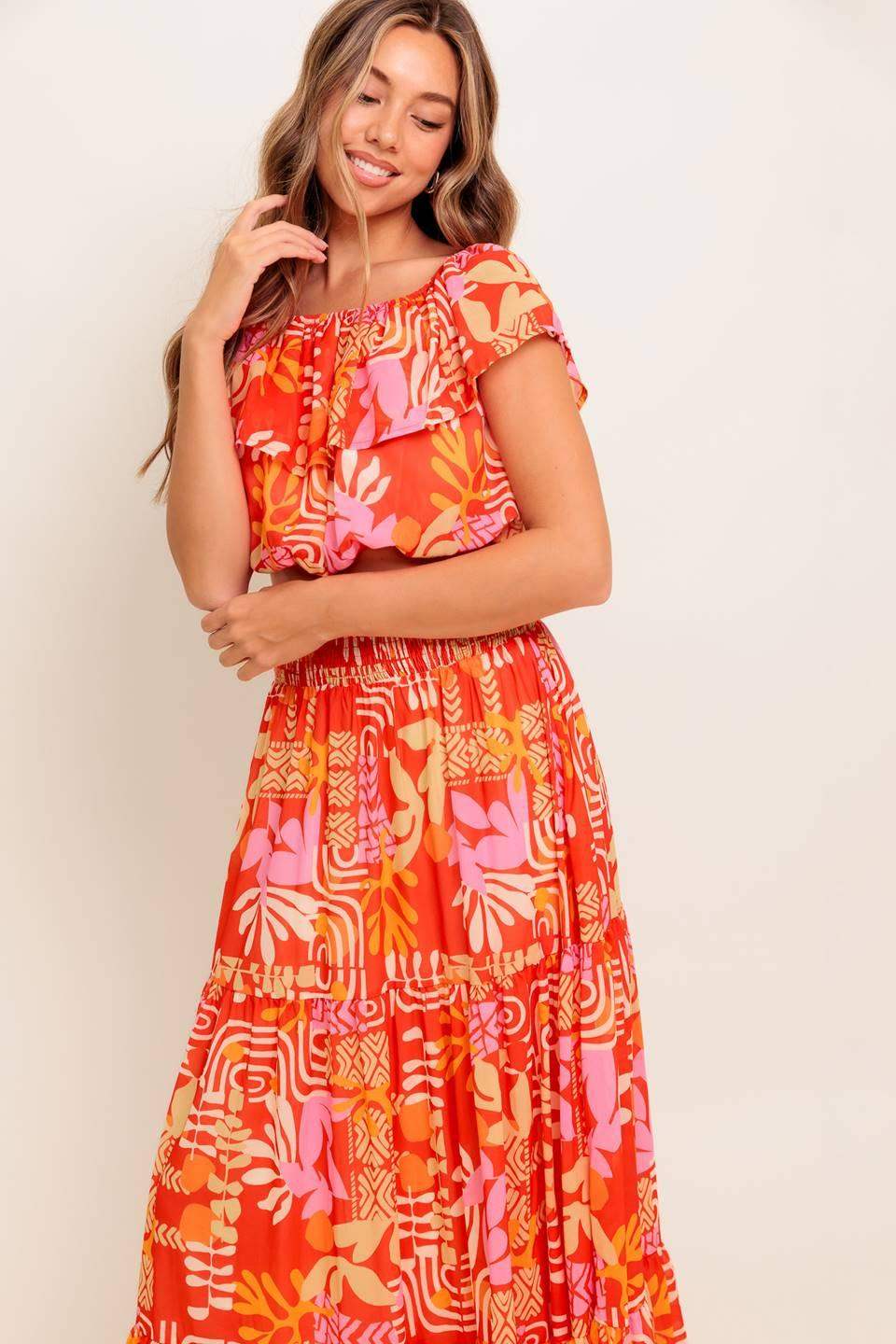 FAINT SUNBEAM RED WOVEN TOP AND SKIRT SET - Flying Tomato - Flyclothing LLC