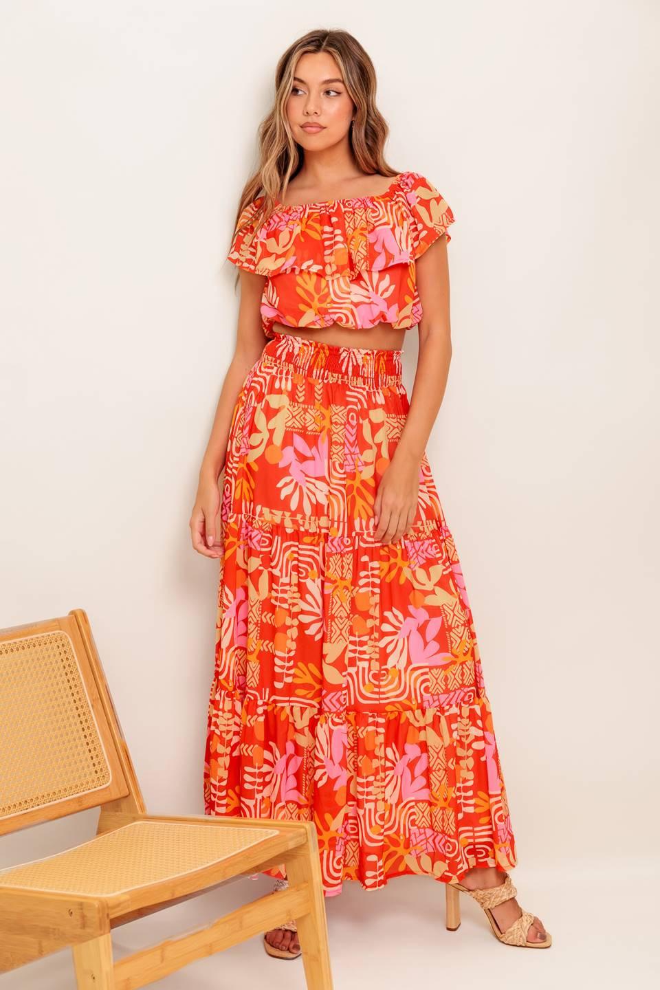FAINT SUNBEAM RED WOVEN TOP AND SKIRT SET - Flying Tomato - Flyclothing LLC