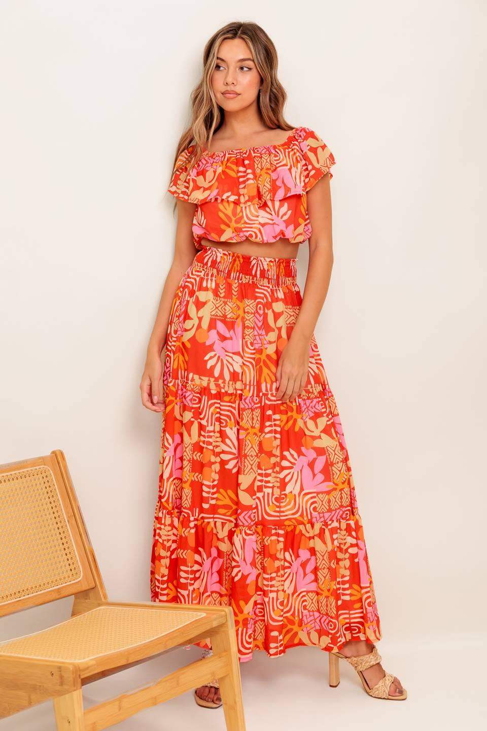 FAINT SUNBEAM RED WOVEN TOP AND SKIRT SET - Flying Tomato - Flyclothing LLC