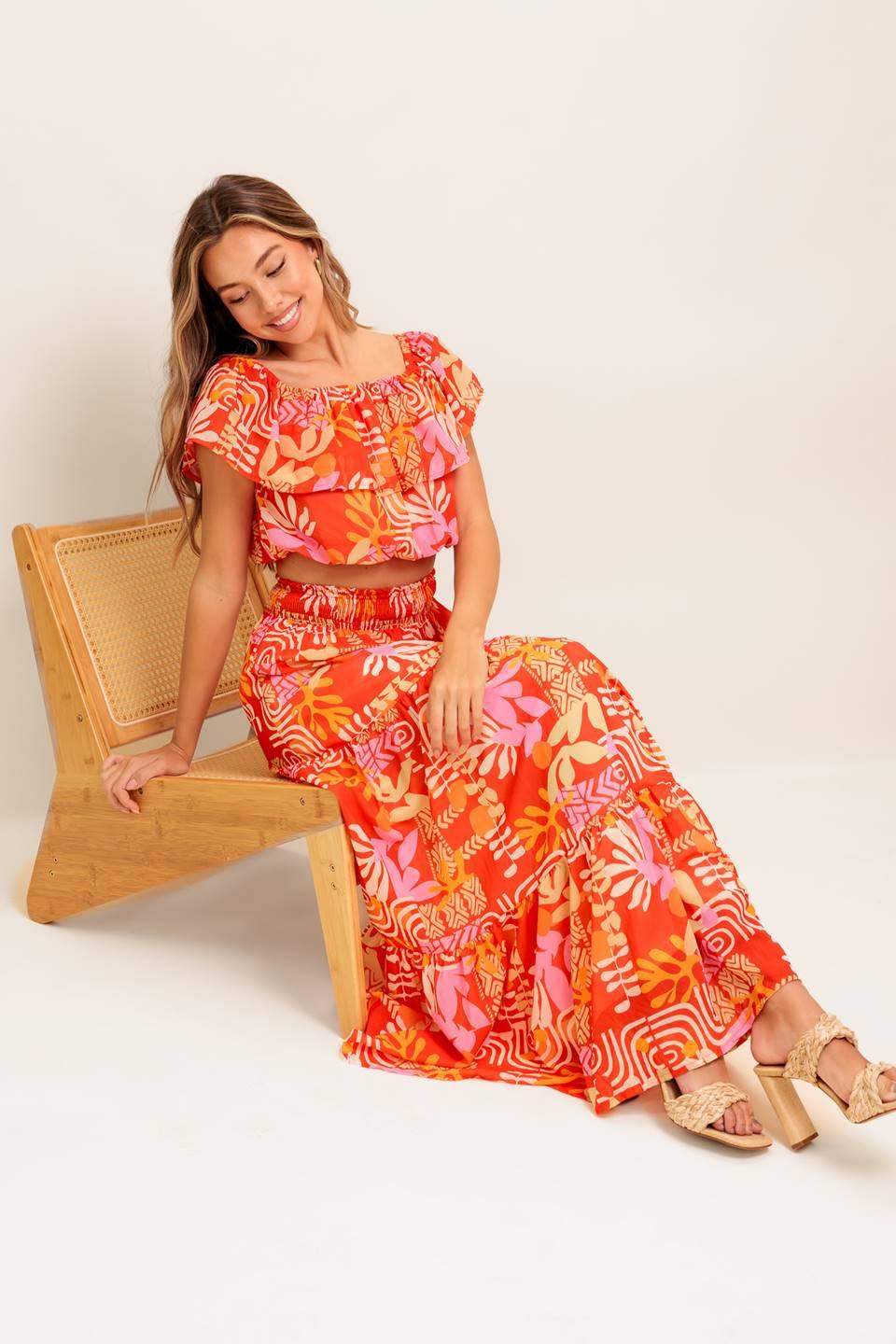 FAINT SUNBEAM RED WOVEN TOP AND SKIRT SET - Flying Tomato - Flyclothing LLC