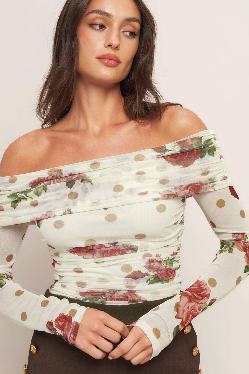 CREAM & BLOOM DELIGHT POWER MESH TOP - Flying Tomato - Flyclothing LLC