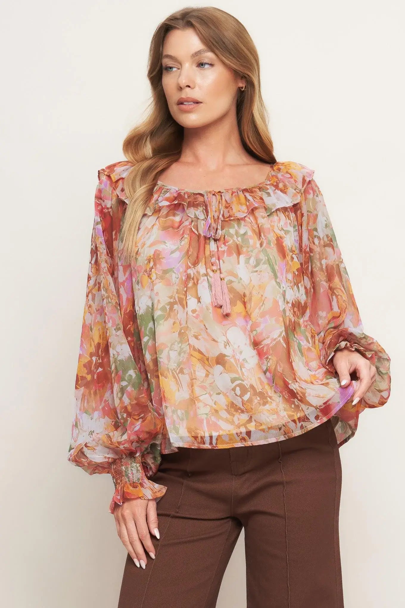 SOFT FLORAL RUST WOVEN TOP - Flying Tomato - Flyclothing LLC