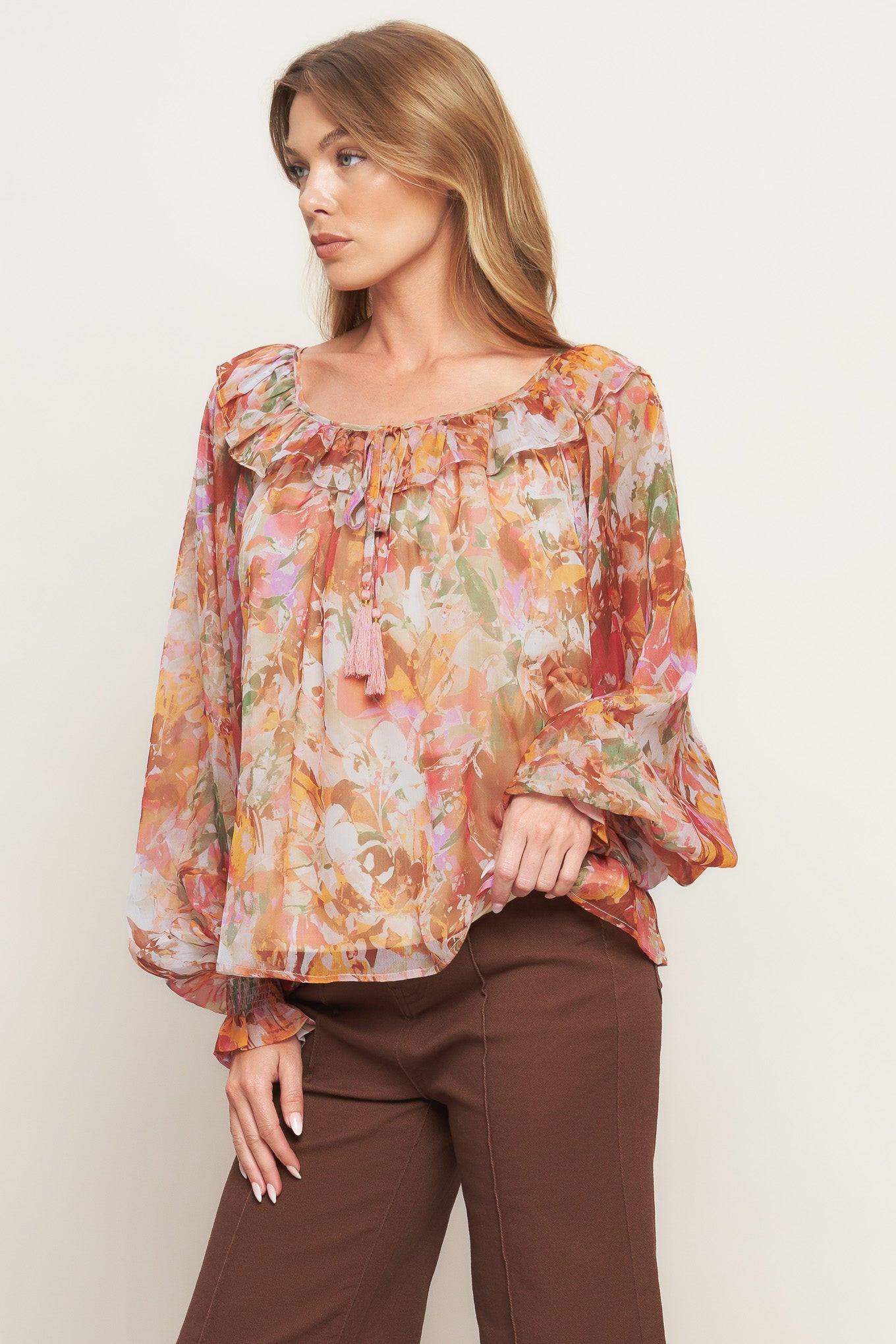 SOFT FLORAL RUST WOVEN TOP - Flying Tomato - Flyclothing LLC