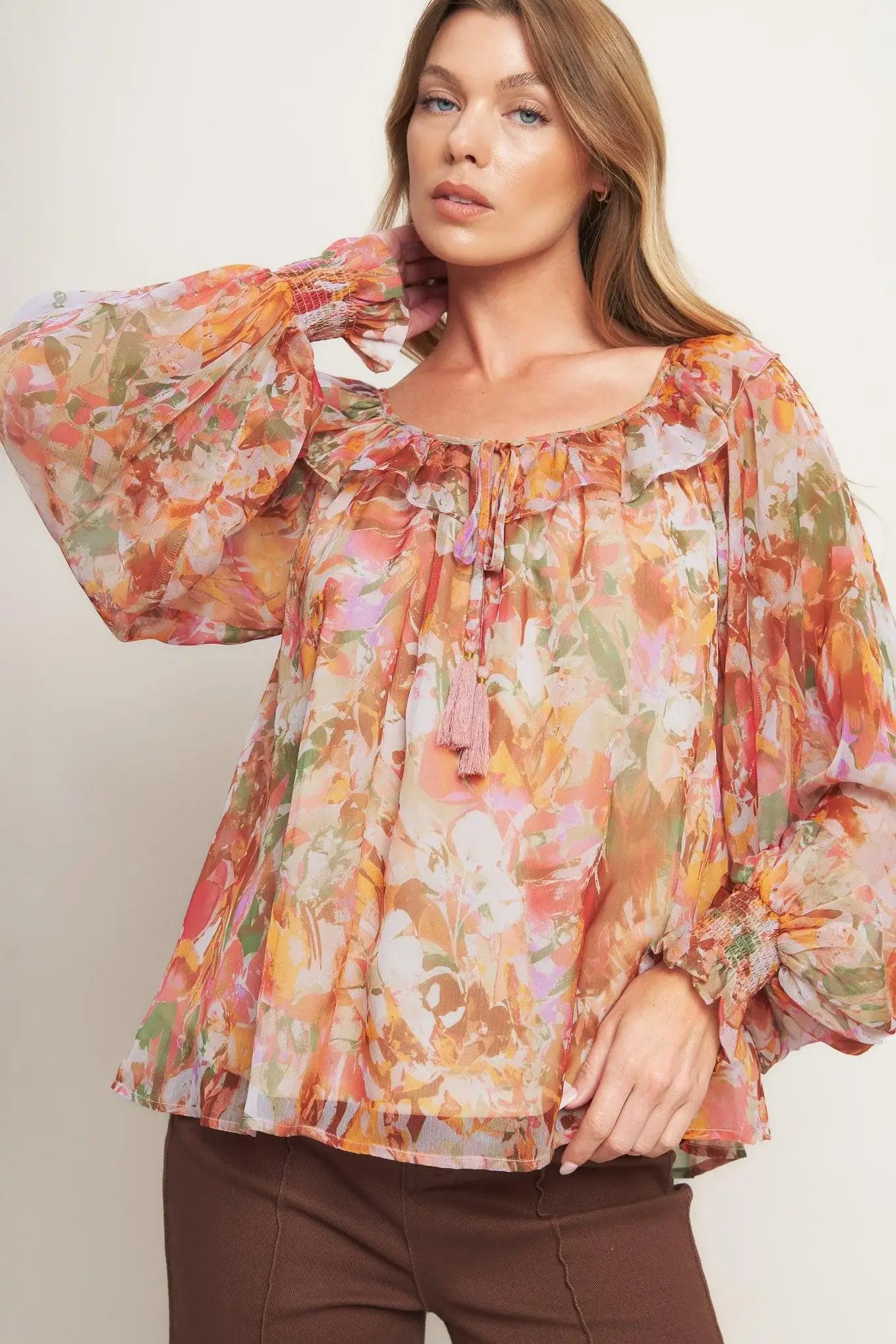 SOFT FLORAL RUST WOVEN TOP - Flying Tomato - Flyclothing LLC