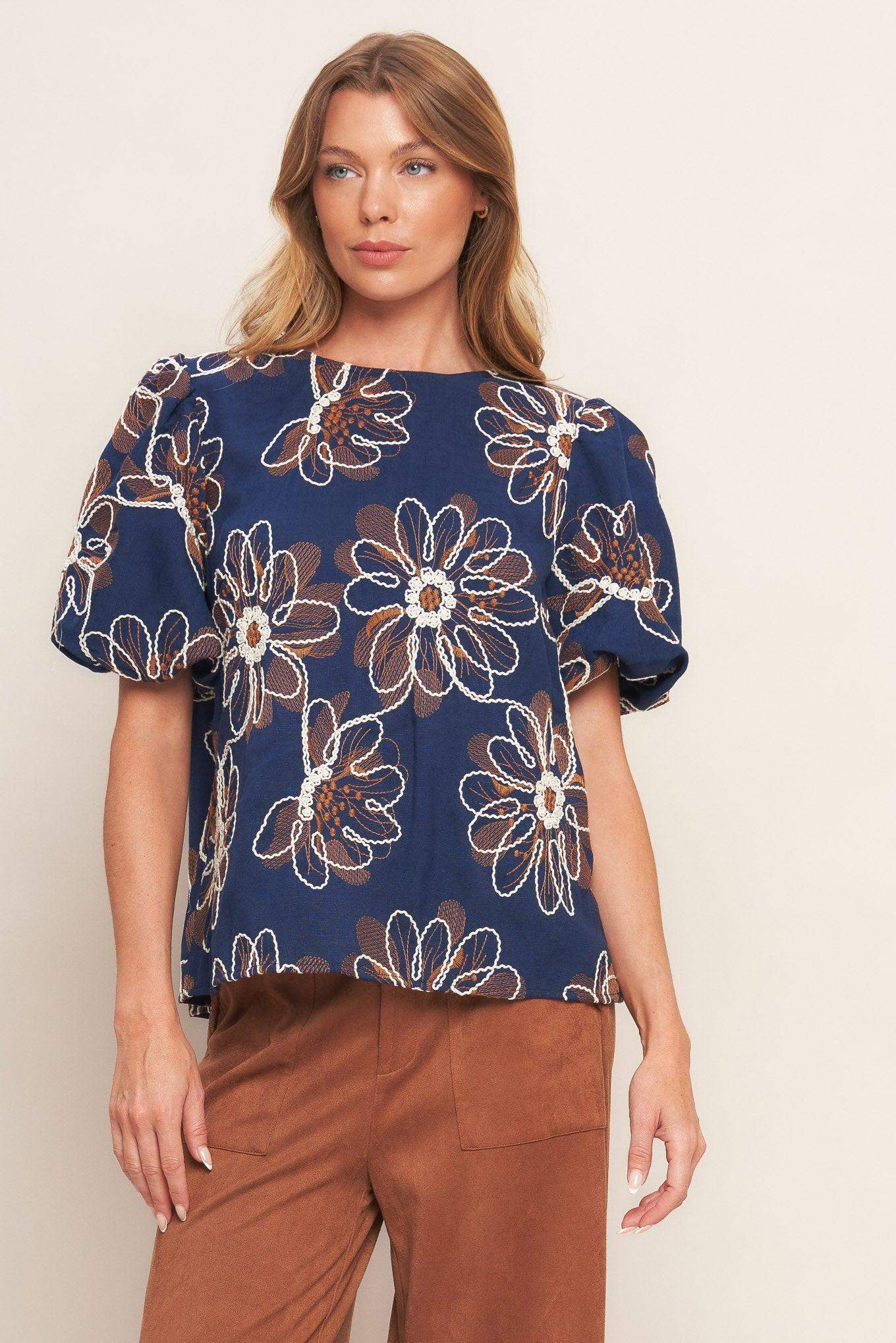 RETRO BLOOM PUFF SLEEVE WOVEN TOP - Flying Tomato - Flyclothing LLC