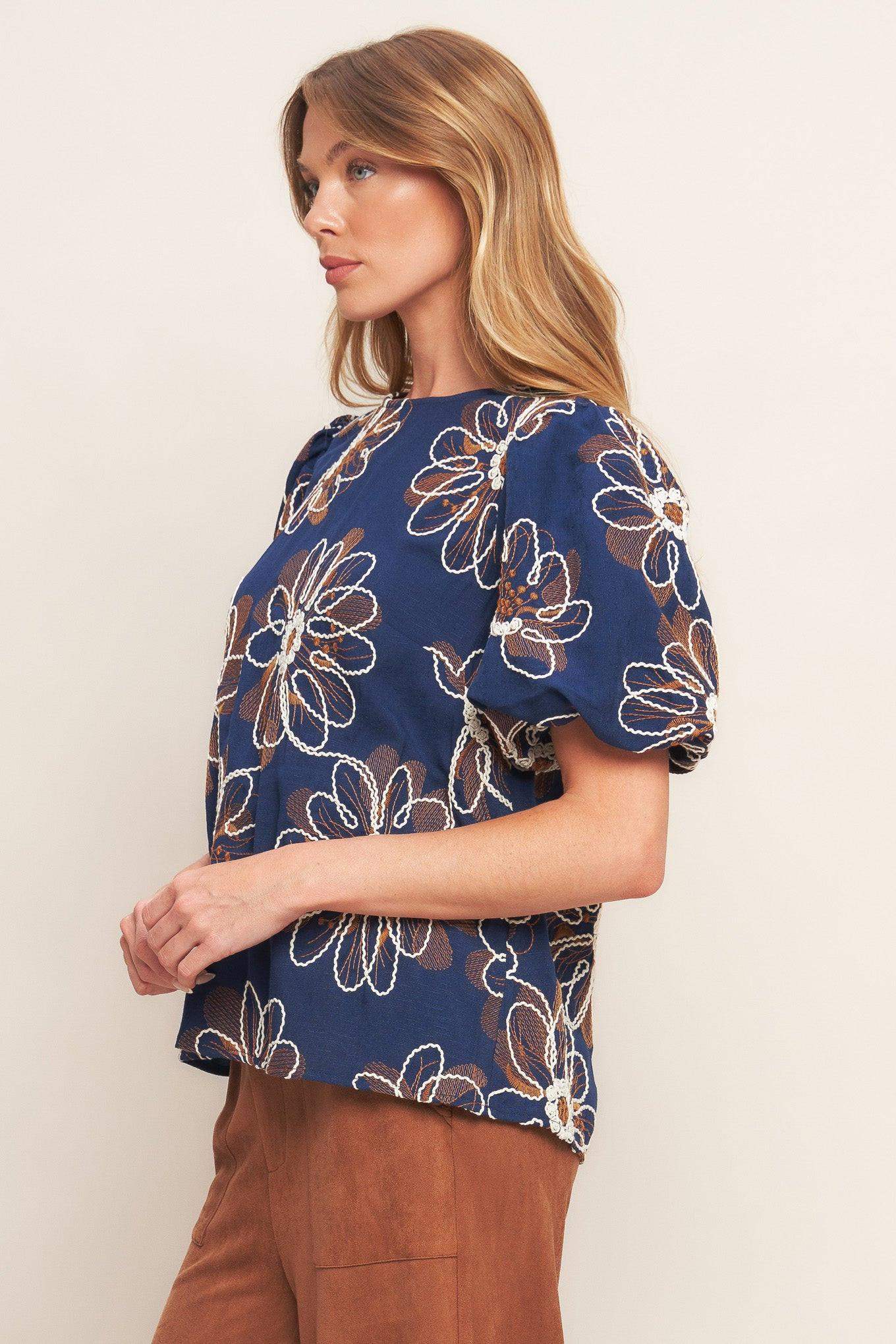 RETRO BLOOM PUFF SLEEVE WOVEN TOP - Flying Tomato - Flyclothing LLC
