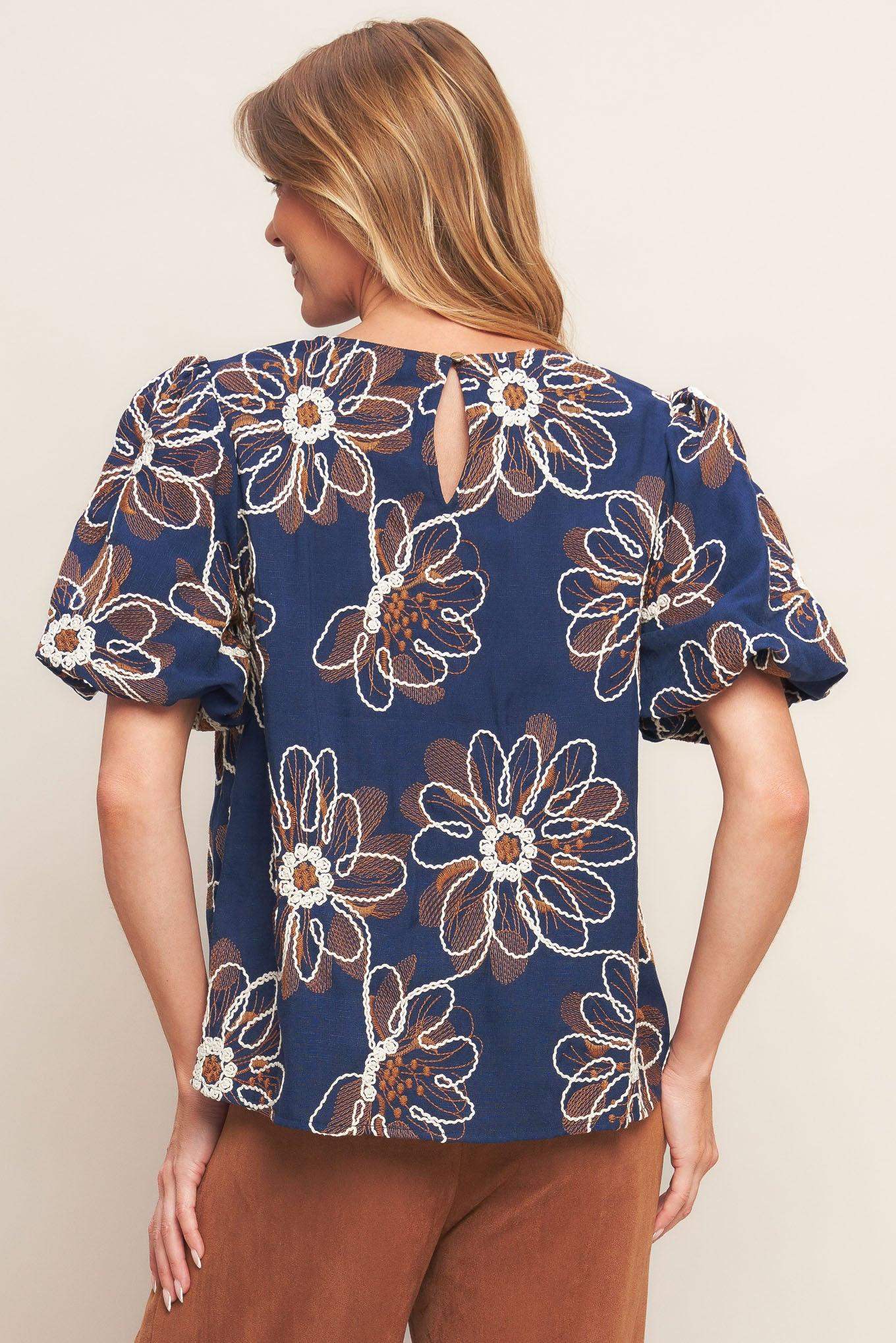 RETRO BLOOM PUFF SLEEVE WOVEN TOP - Flying Tomato - Flyclothing LLC