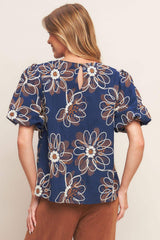 RETRO BLOOM PUFF SLEEVE WOVEN TOP - Flying Tomato - Flyclothing LLC