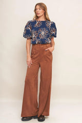 RETRO BLOOM PUFF SLEEVE WOVEN TOP - Flying Tomato - Flyclothing LLC