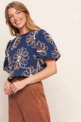 RETRO BLOOM PUFF SLEEVE WOVEN TOP - Flying Tomato - Flyclothing LLC