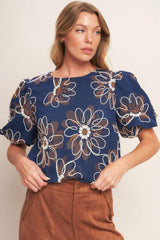 RETRO BLOOM PUFF SLEEVE WOVEN TOP - Flying Tomato - Flyclothing LLC