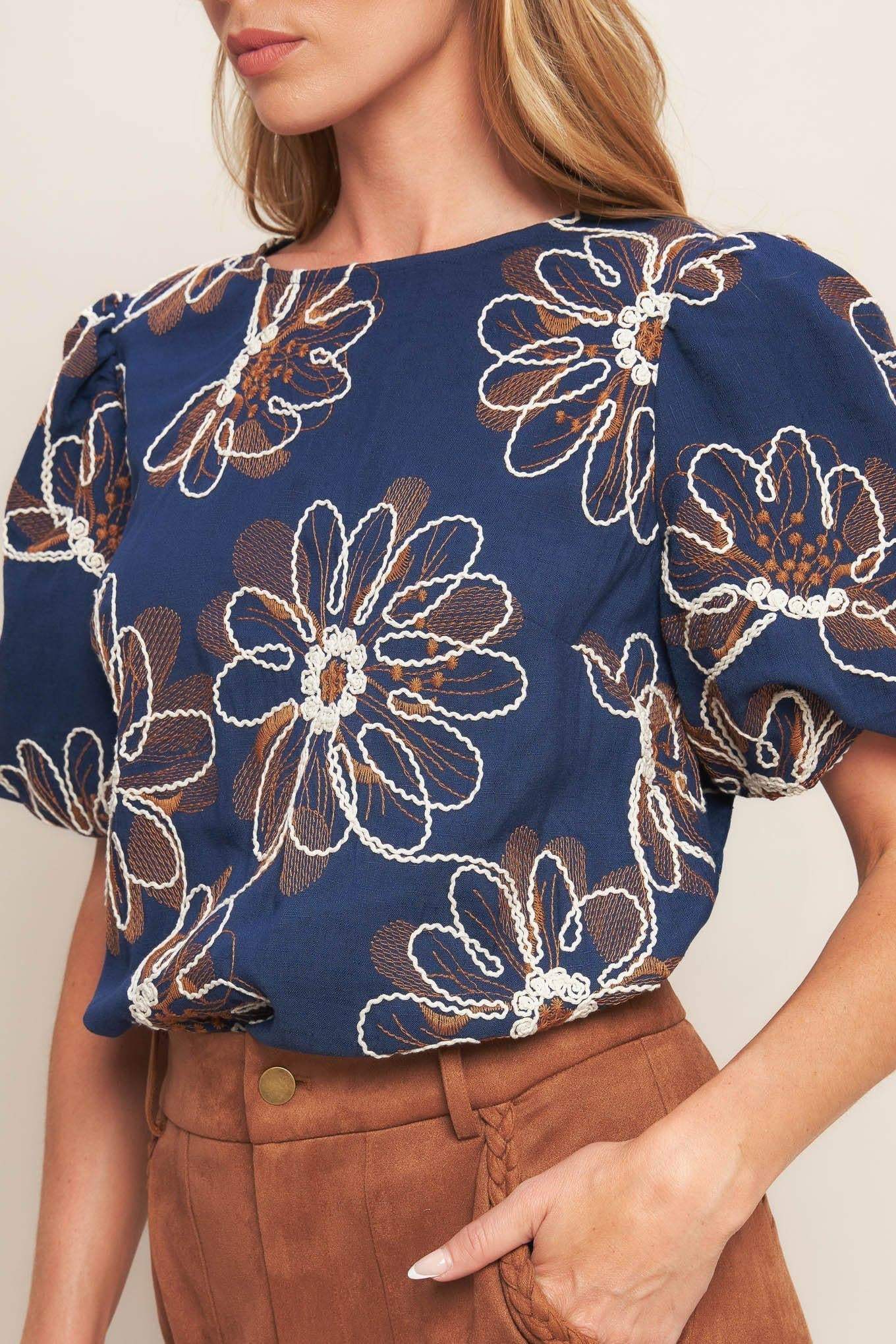 RETRO BLOOM PUFF SLEEVE WOVEN TOP - Flying Tomato - Flyclothing LLC