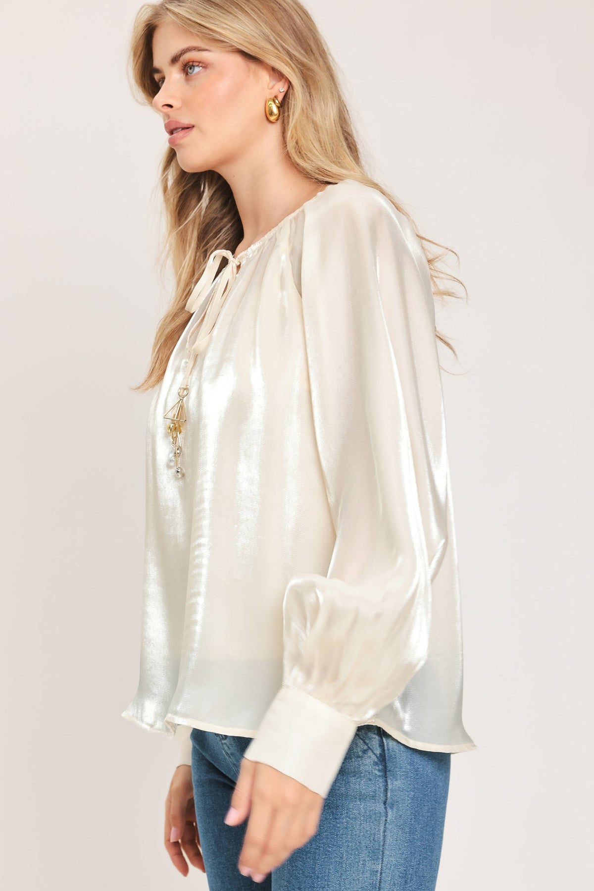ETERNAL PEARL CHARM WOVEN PEASANT TOP