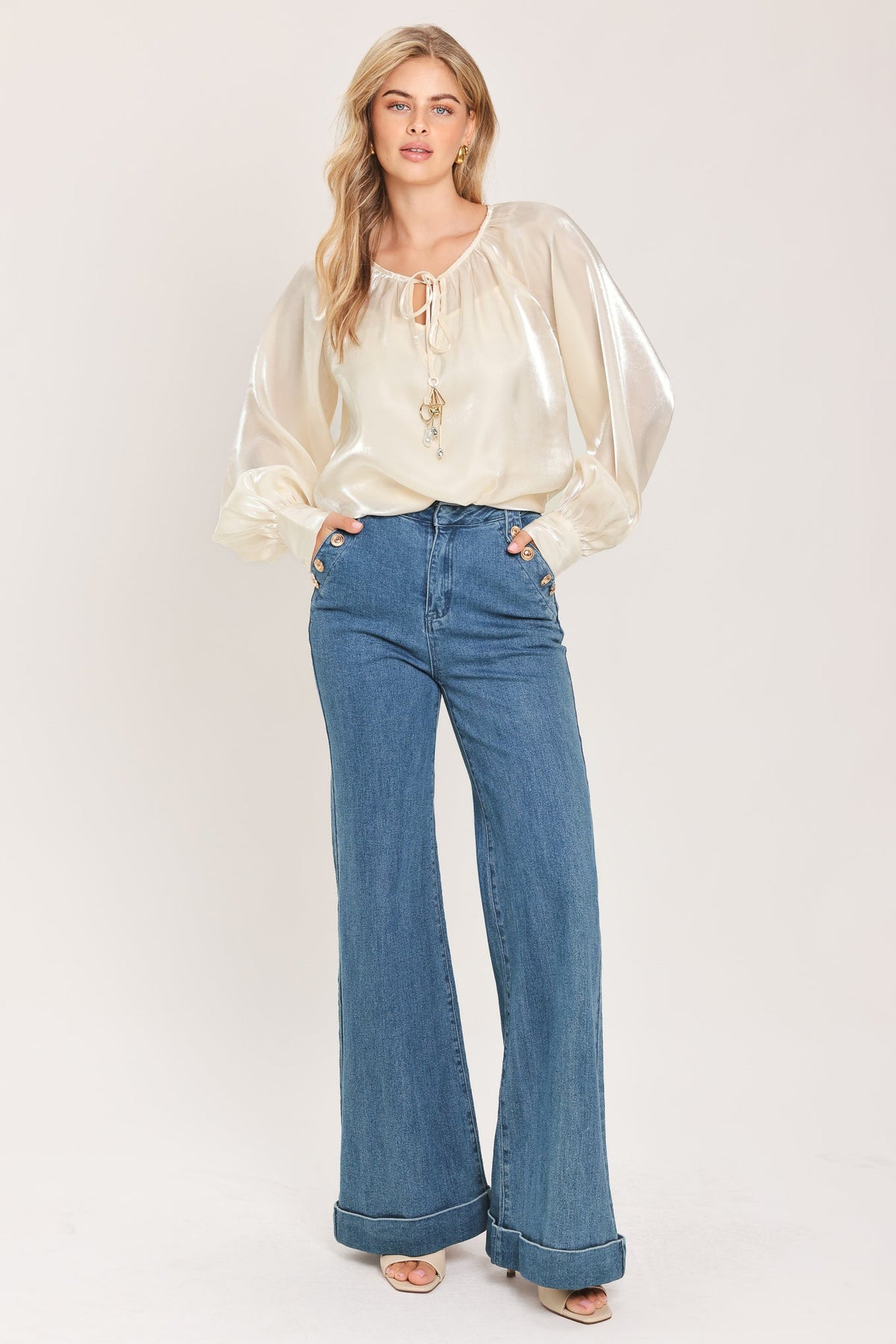 ETERNAL PEARL CHARM WOVEN PEASANT TOP