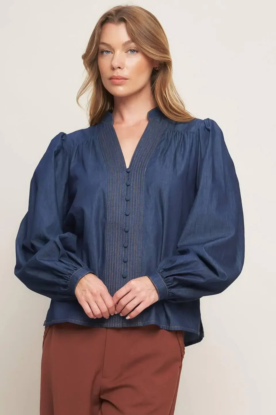 STITCH STORY LIGHTWEIGHT DENIM TOP - Flying Tomato - Flyclothing LLC