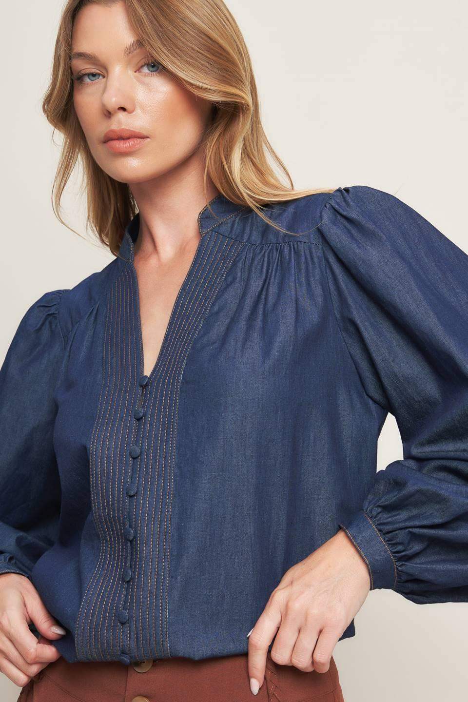 STITCH STORY LIGHTWEIGHT DENIM TOP - Flying Tomato - Flyclothing LLC