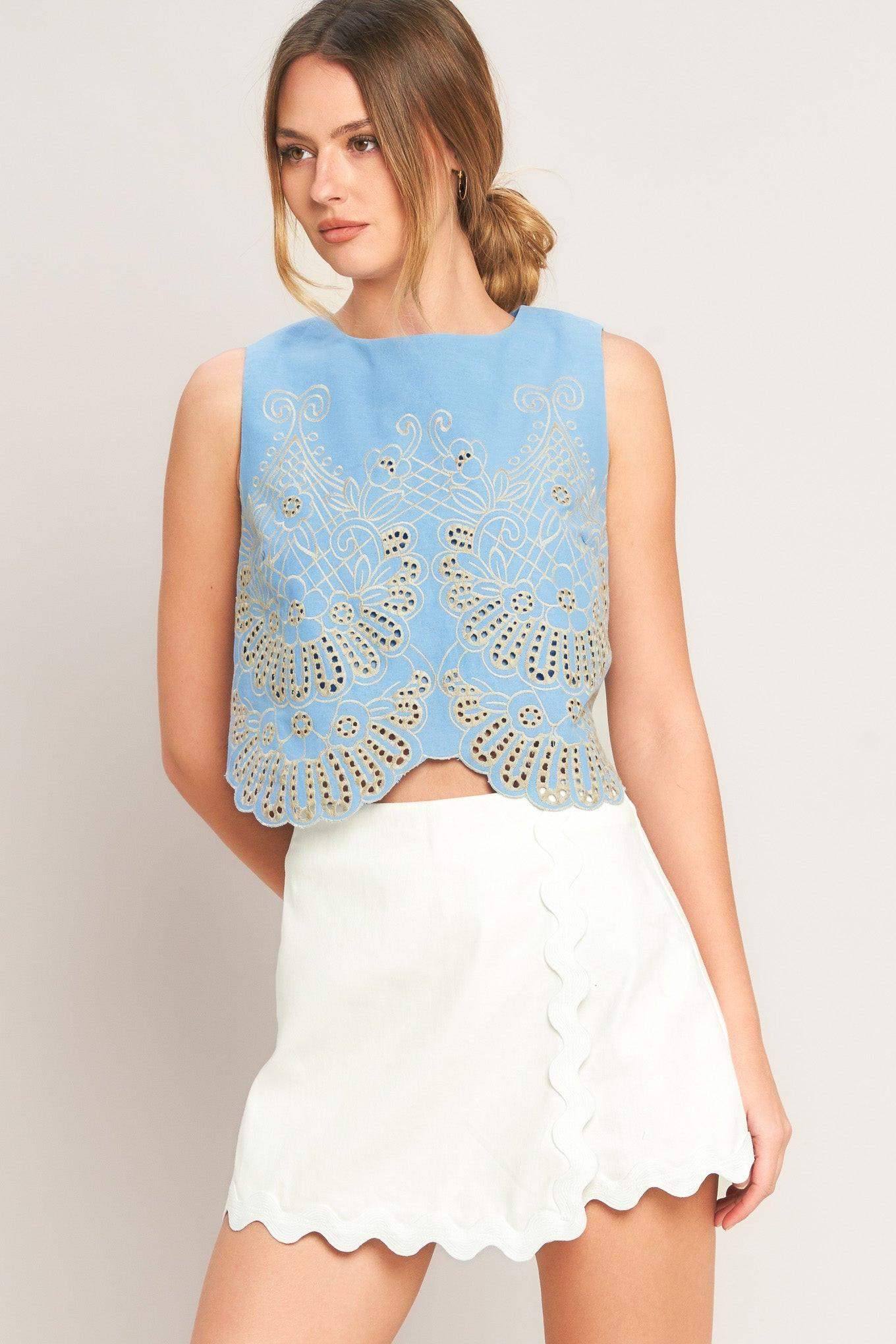 SKY BLOOM WOVEN EYELET TOP - Flying Tomato - Flyclothing LLC