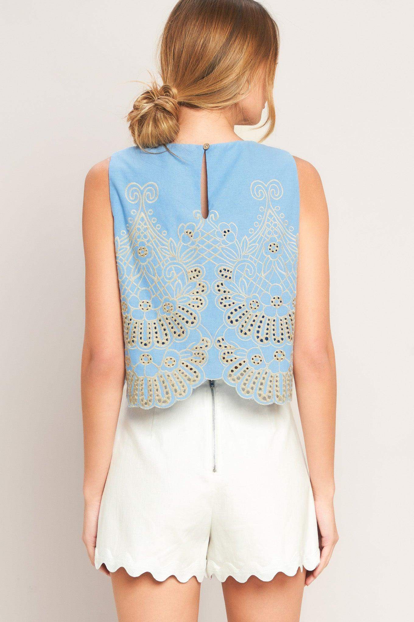 SKY BLOOM WOVEN EYELET TOP - Flying Tomato - Flyclothing LLC
