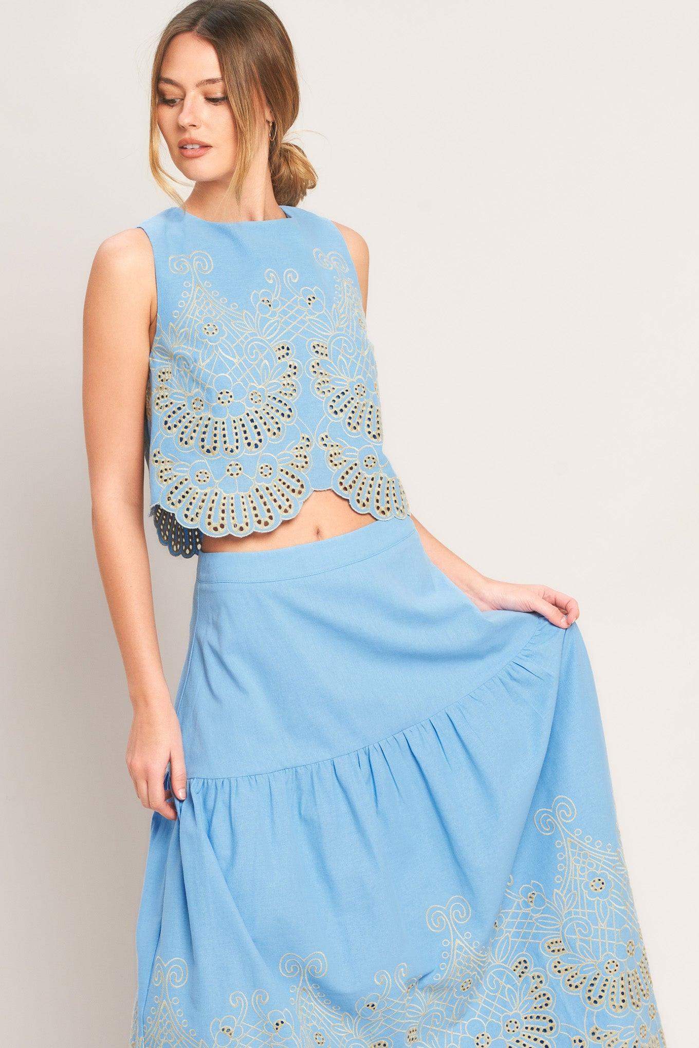 SKY BLOOM WOVEN EYELET TOP - Flying Tomato - Flyclothing LLC