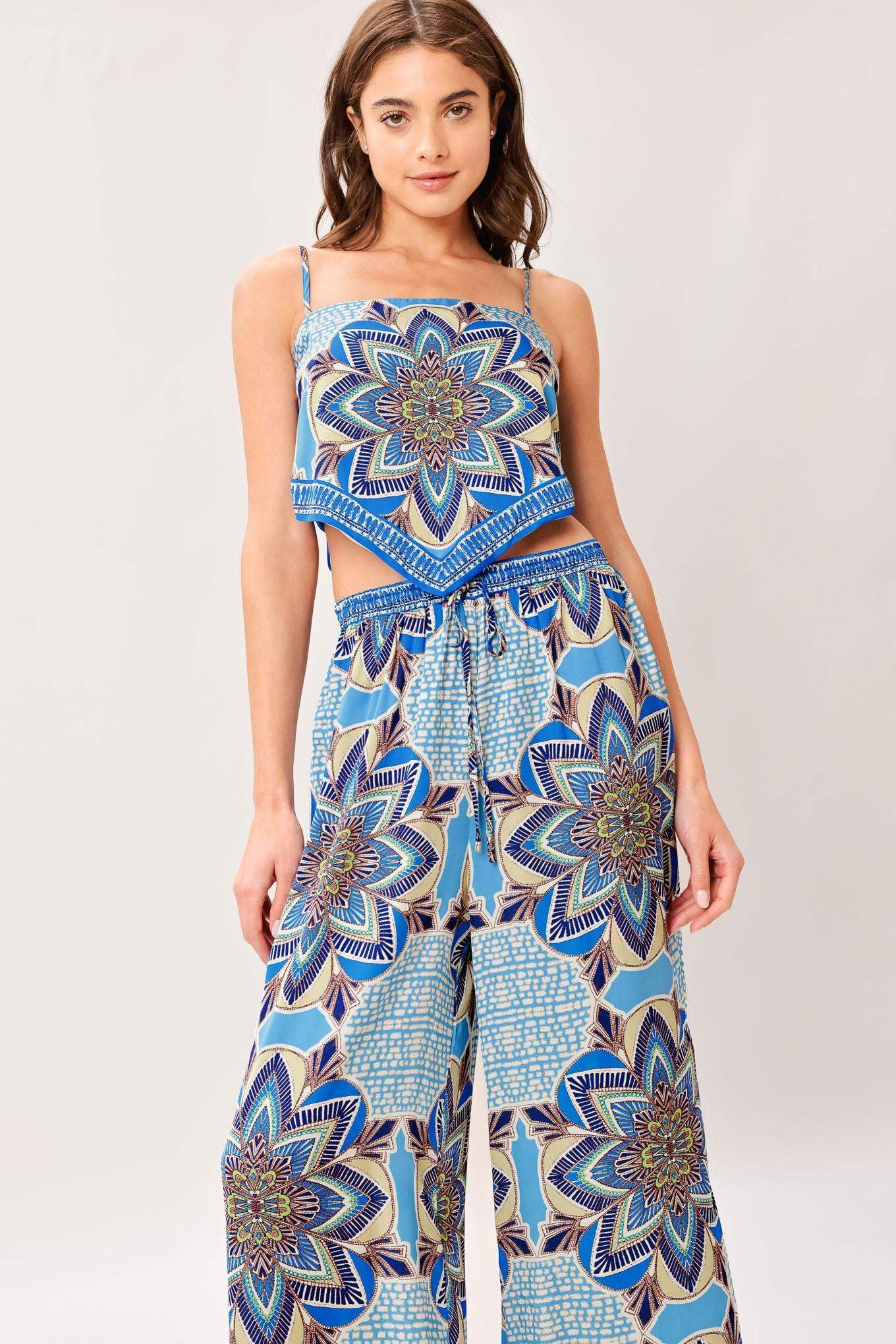 AZURE MANDALA WOVEN SCARF TOP AND PANT SET - Flying Tomato - Flyclothing LLC