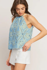 SKY LACE SUMMER HALTER WOVEN TOP - Flying Tomato - Flyclothing LLC