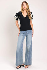 BLACK BLOOM KNIT TOP - Flying Tomato - Flyclothing LLC