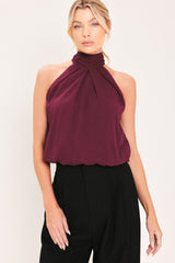BORDEAUX SHEER DRAPE WOVEN HALTER TOP