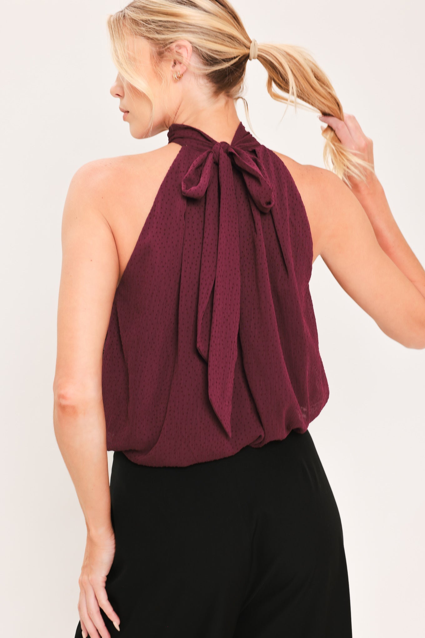 BORDEAUX SHEER DRAPE WOVEN HALTER TOP