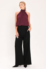 BORDEAUX SHEER DRAPE WOVEN HALTER TOP