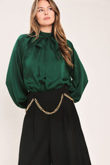 FOREST POISE HUNTER GREEN TIE-NECK RAGLAN TOP