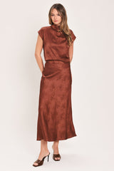 BURGUNDY DYNASTY JACQUARD SATIN FUNNEL-NECK TOP - Flying Tomato - Flyclothing LLC