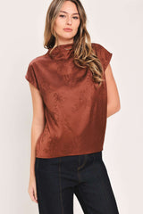 BURGUNDY DYNASTY JACQUARD SATIN FUNNEL-NECK TOP - Flying Tomato - Flyclothing LLC