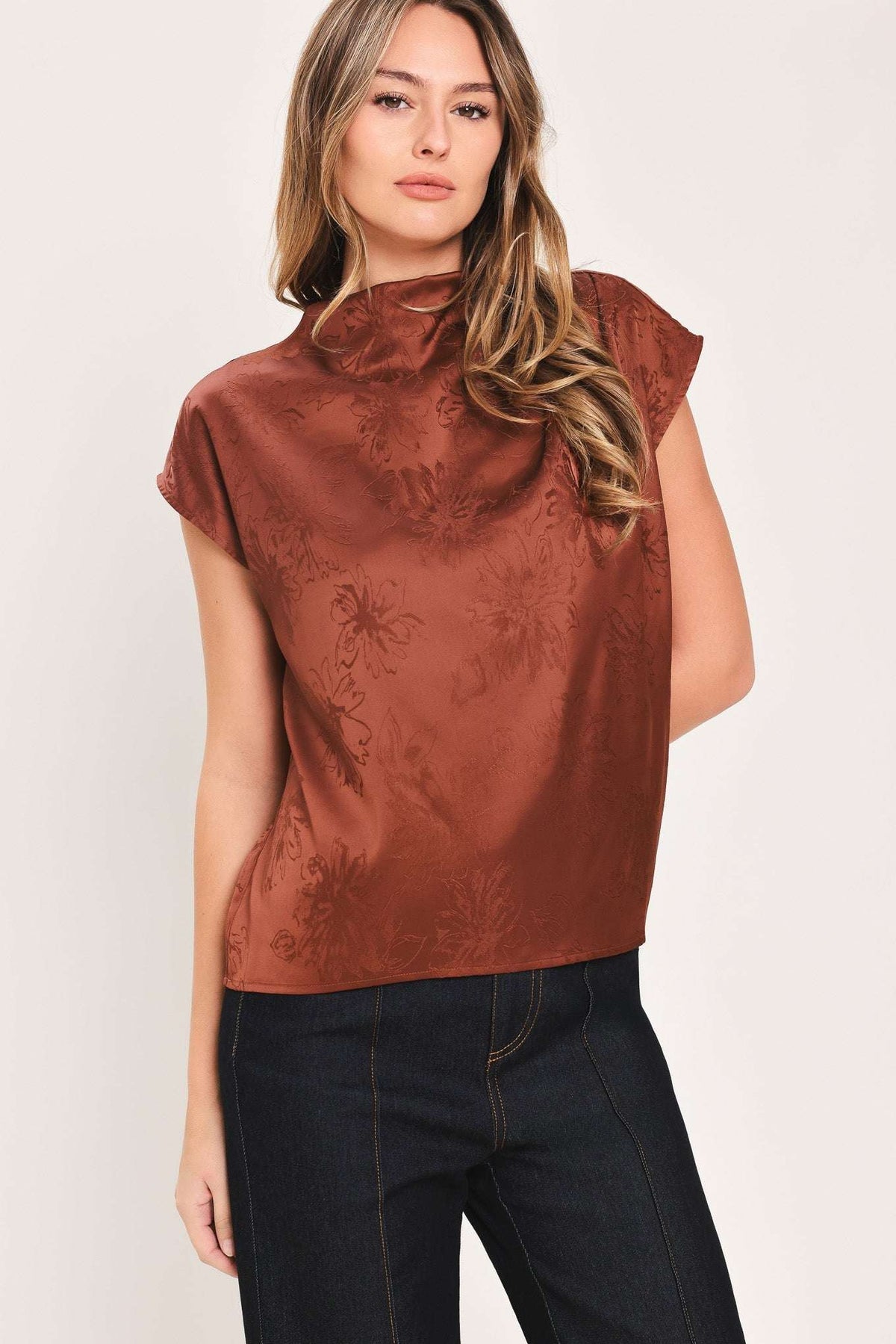 BURGUNDY DYNASTY JACQUARD SATIN FUNNEL-NECK TOP - Flying Tomato - Flyclothing LLC