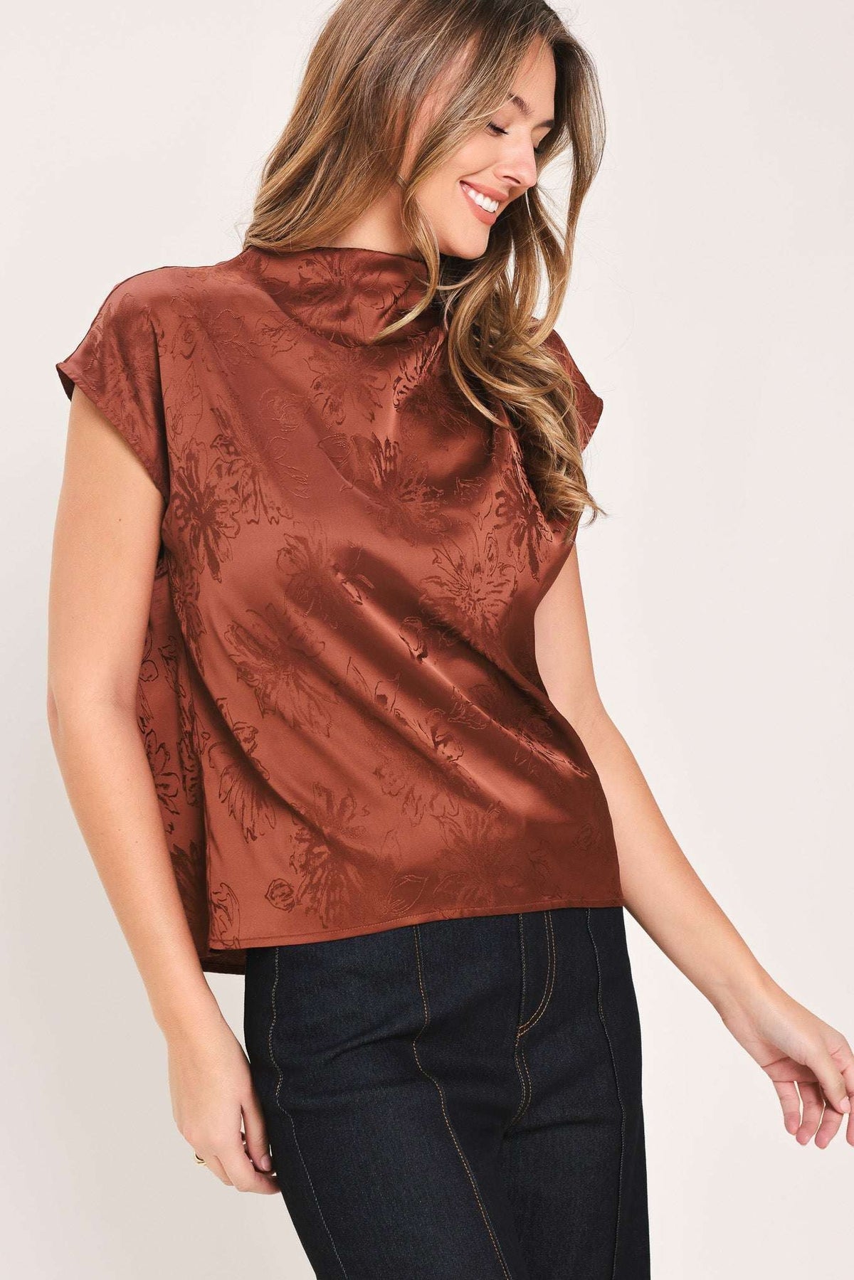 BURGUNDY DYNASTY JACQUARD SATIN FUNNEL-NECK TOP - Flying Tomato - Flyclothing LLC