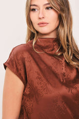 BURGUNDY DYNASTY JACQUARD SATIN FUNNEL-NECK TOP - Flying Tomato - Flyclothing LLC