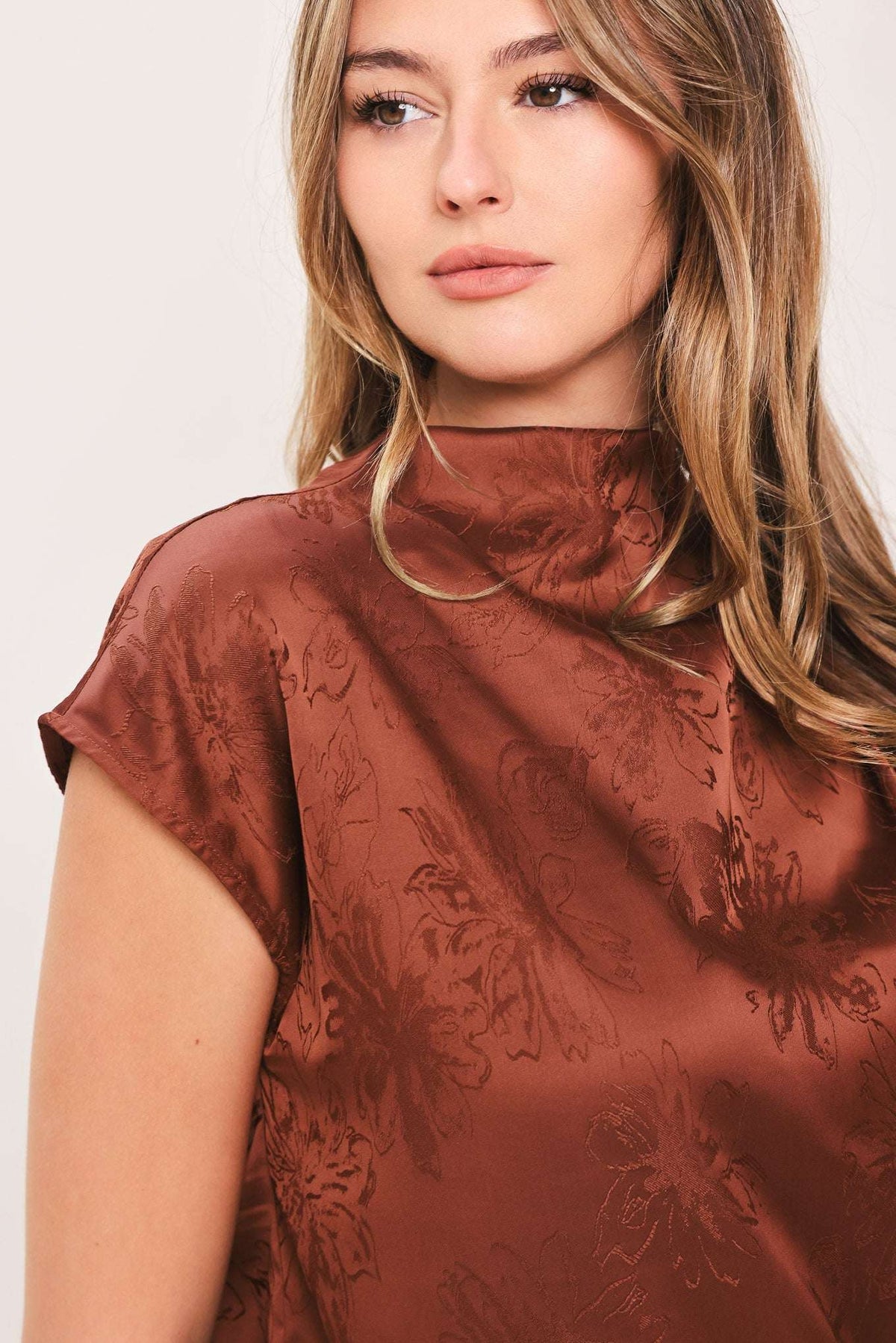 BURGUNDY DYNASTY JACQUARD SATIN FUNNEL-NECK TOP - Flying Tomato - Flyclothing LLC
