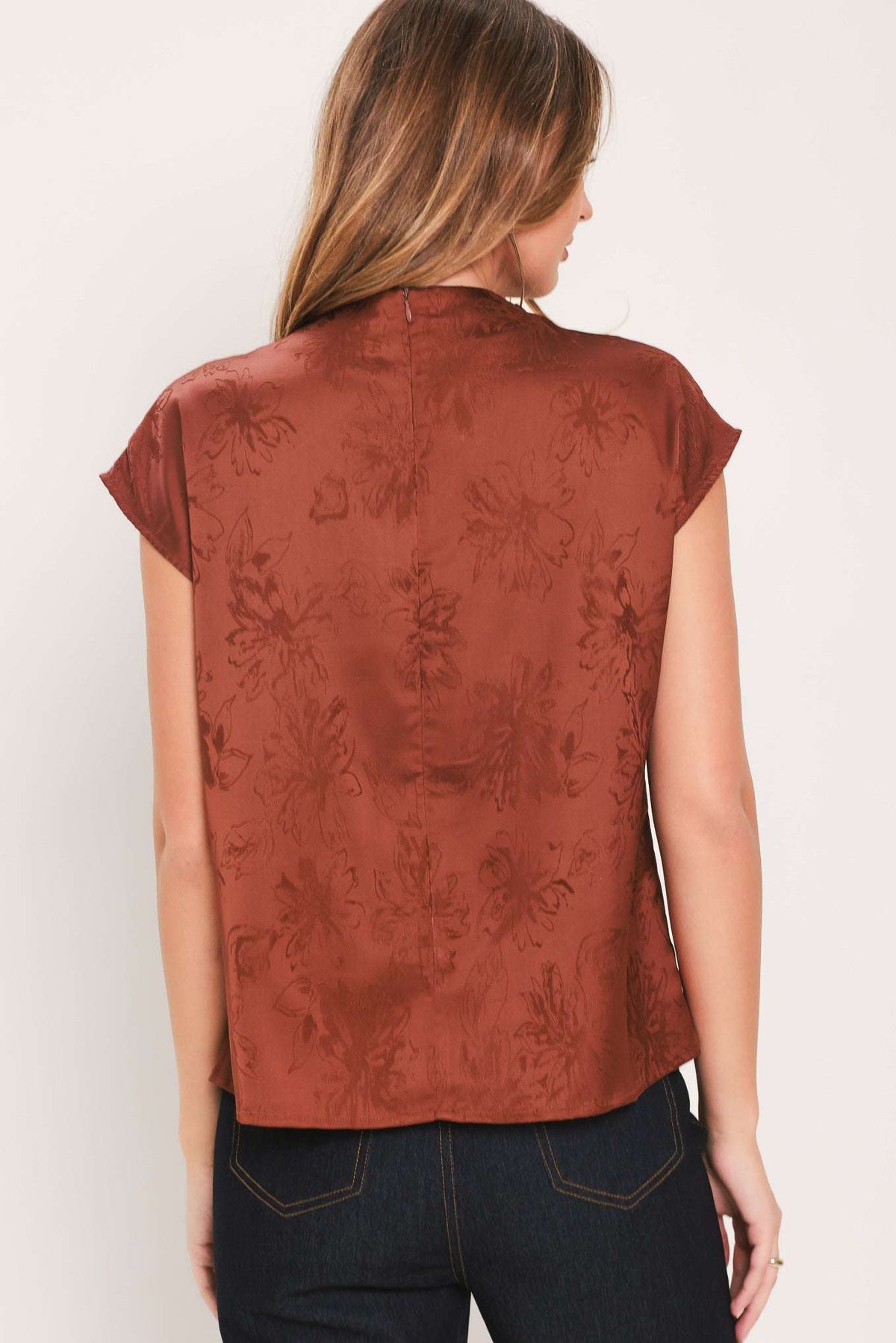 BURGUNDY DYNASTY JACQUARD SATIN FUNNEL-NECK TOP - Flying Tomato - Flyclothing LLC
