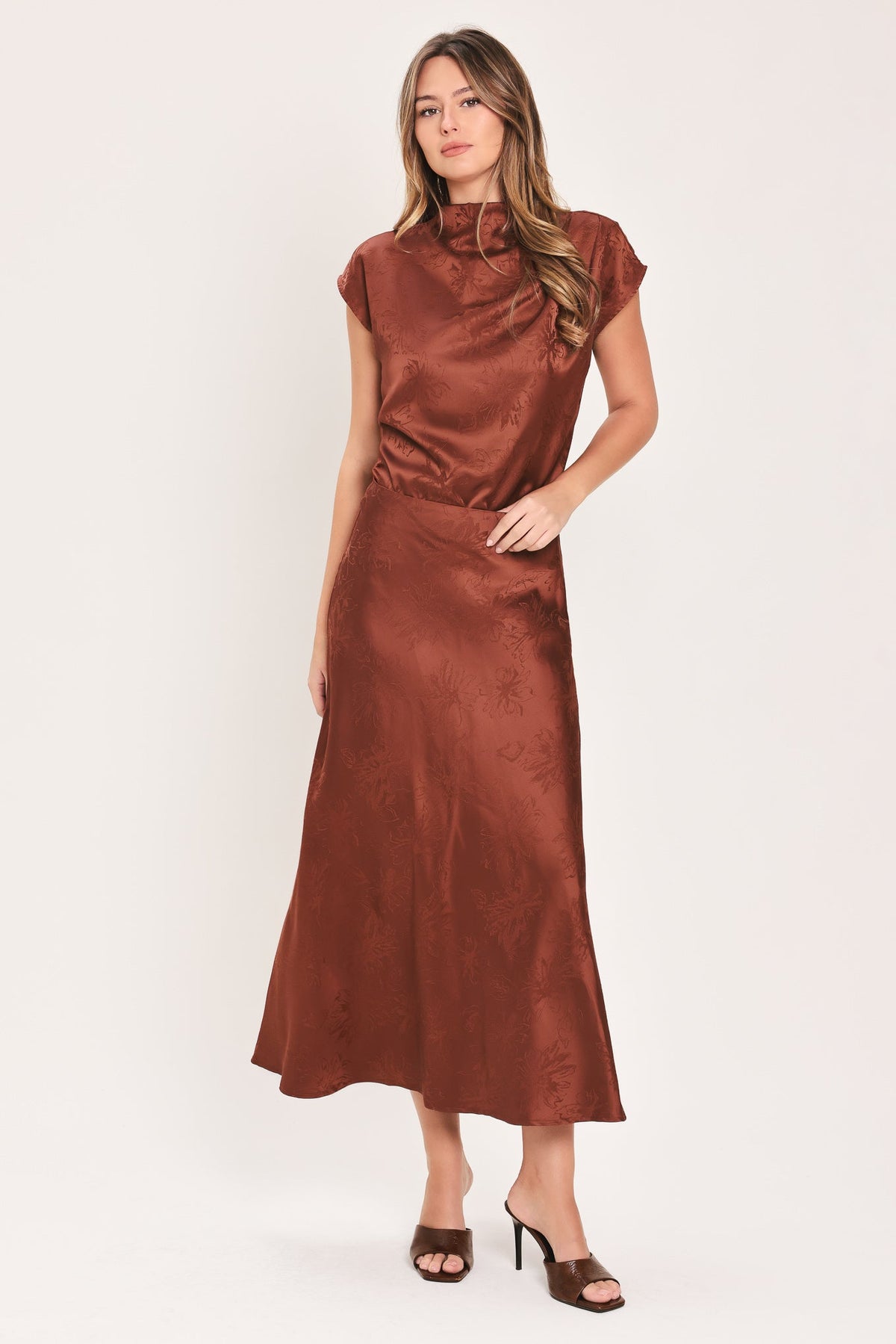 BURGUNDY DYNASTY JACQUARD SATIN FUNNEL-NECK TOP - Flying Tomato - Flyclothing LLC
