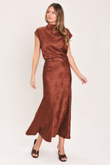 BURGUNDY DYNASTY JACQUARD SATIN FUNNEL-NECK TOP - Flying Tomato - Flyclothing LLC
