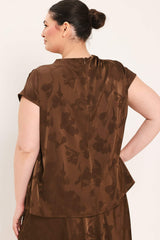 CHOCOLATE FLORAL WOVEN JACQUARD TOP - Flying Tomato - Flyclothing LLC