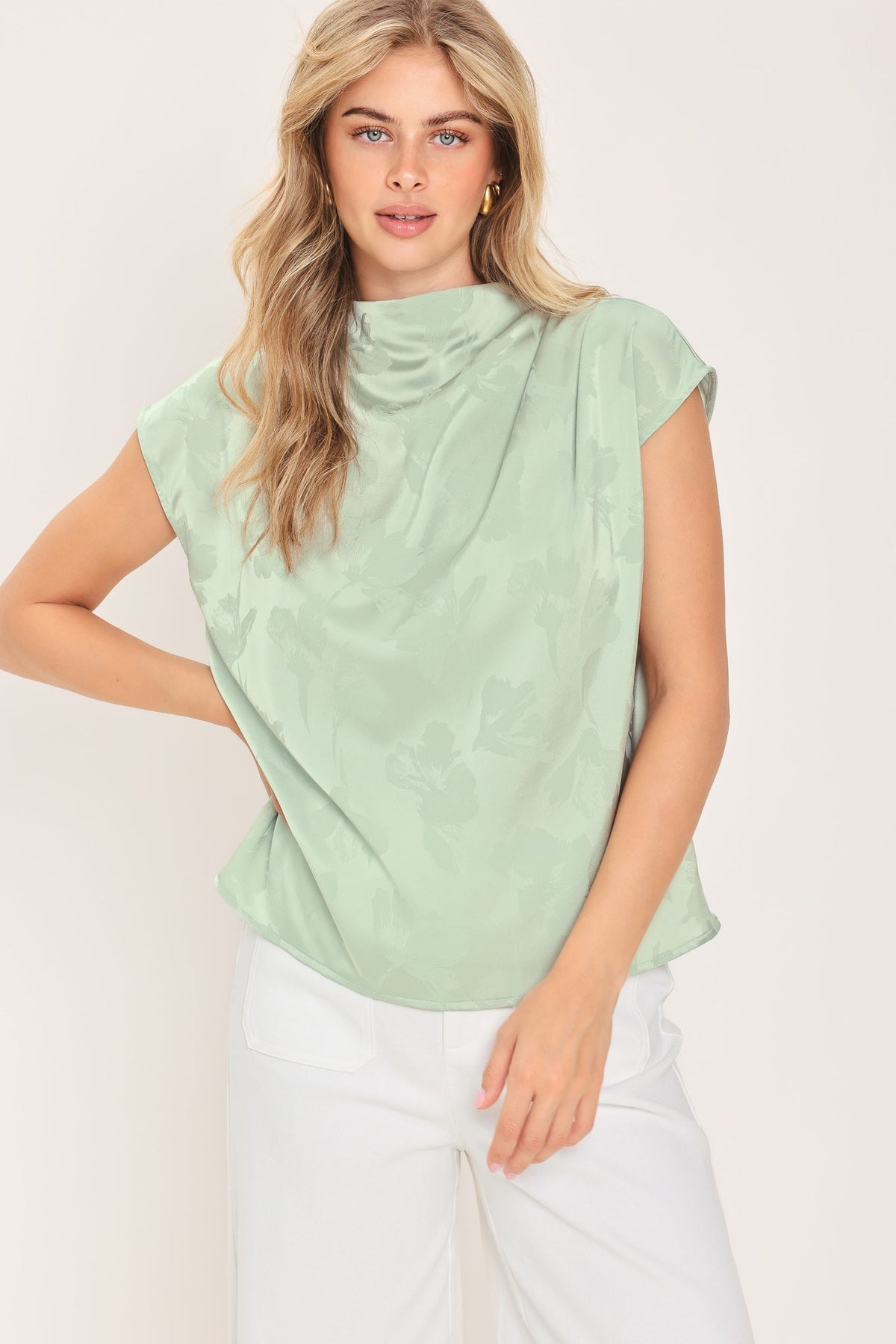 BURGUNDY DYNASTY JACQUARD SATIN FUNNEL-NECK TOP - Flying Tomato - Flyclothing LLC