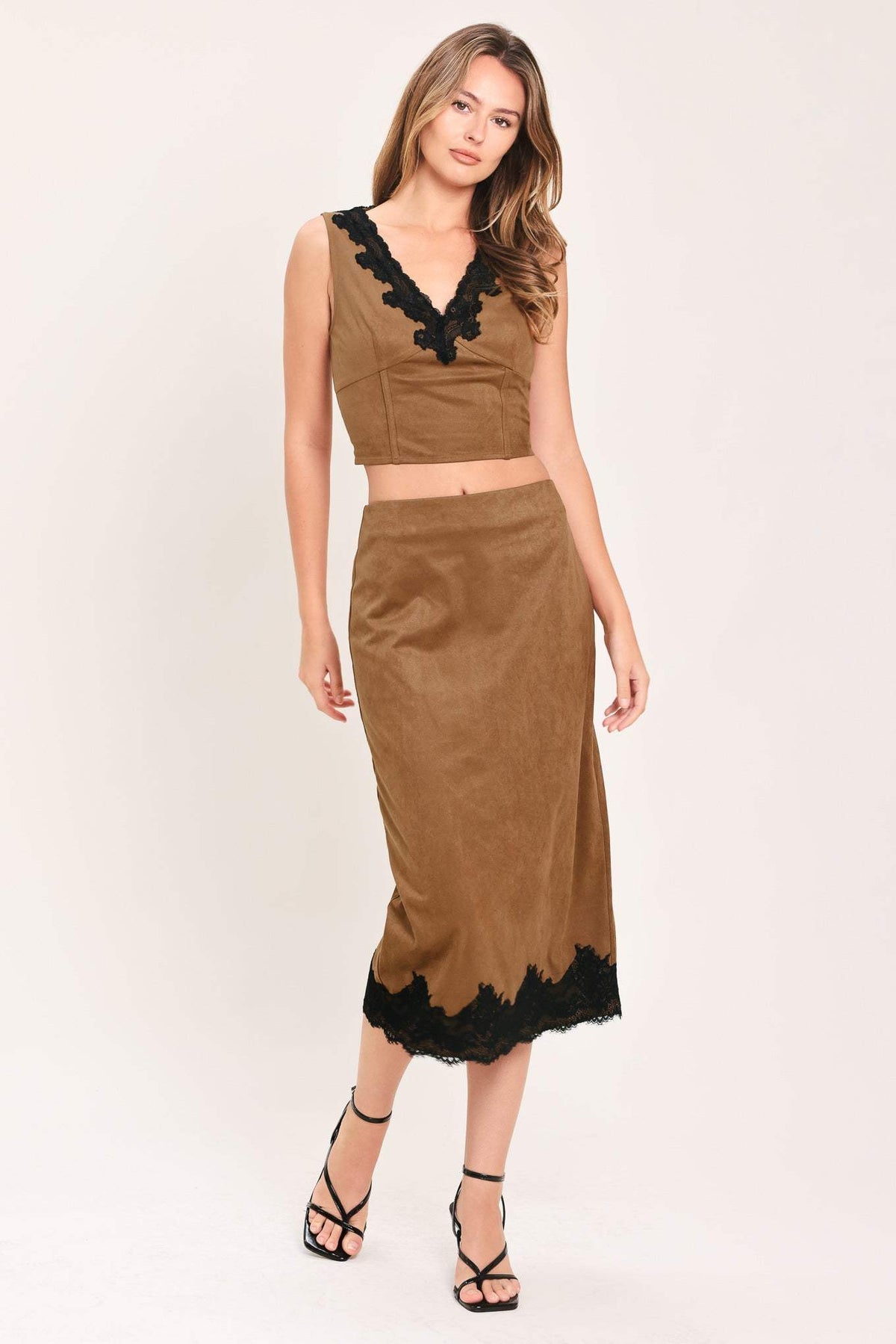 UMBER LACE AFTERGLOW FAUX SUEDE CROP TOP - Flying Tomato - Flyclothing LLC