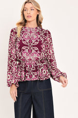 FUCHSIA GARDEN MOTIF WOVEN TOP